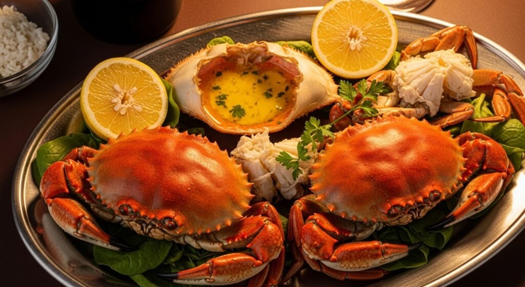 طبق فاخر يحتوي على سرطان بحر مطهو مع الليمون والزبدة والأعشاب الطازجة