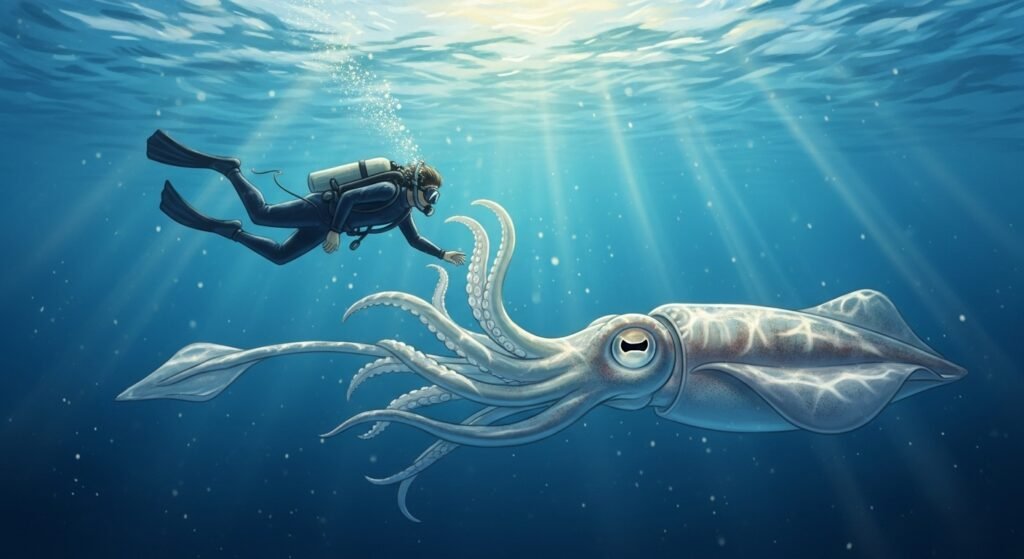 غواص بشري يراقب حبارًا في لقطة رمزية تُبرز العلاقة بين الإنسان والبحر