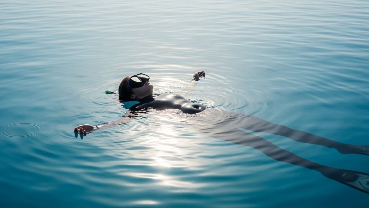 غواص حر على السطح يمارس التنفس الموجي بهدوء وسط مياه زرقاء مضيئة