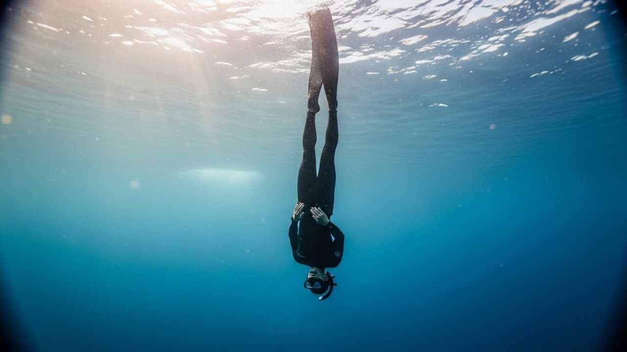 غواص حر يهبط بهدوء نحو العمق مع أشعة الشمس المتسللة من السطح لتمثيل التأقلم مع الضغط