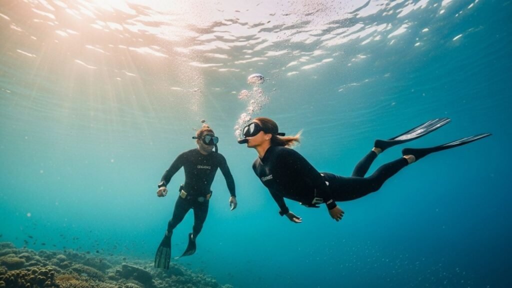غواصان حران يطبقان نظام الزميل تحت الماء لضمان السلامة