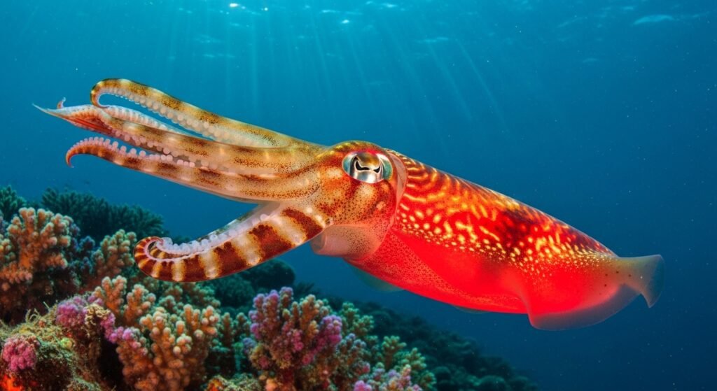 لقطة قريبة تُظهر حبارًا يغيّر لونه للتخفي وسط الشعاب المرجانية