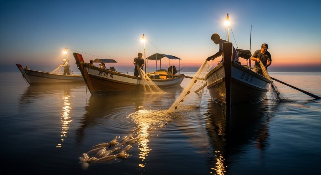 مجموعة من الصيادين التقليديين على قوارب خشبية يصطادون الحبار عند الفجر مستخدمين المصابيح والشباك في مشهد بحري واقعي