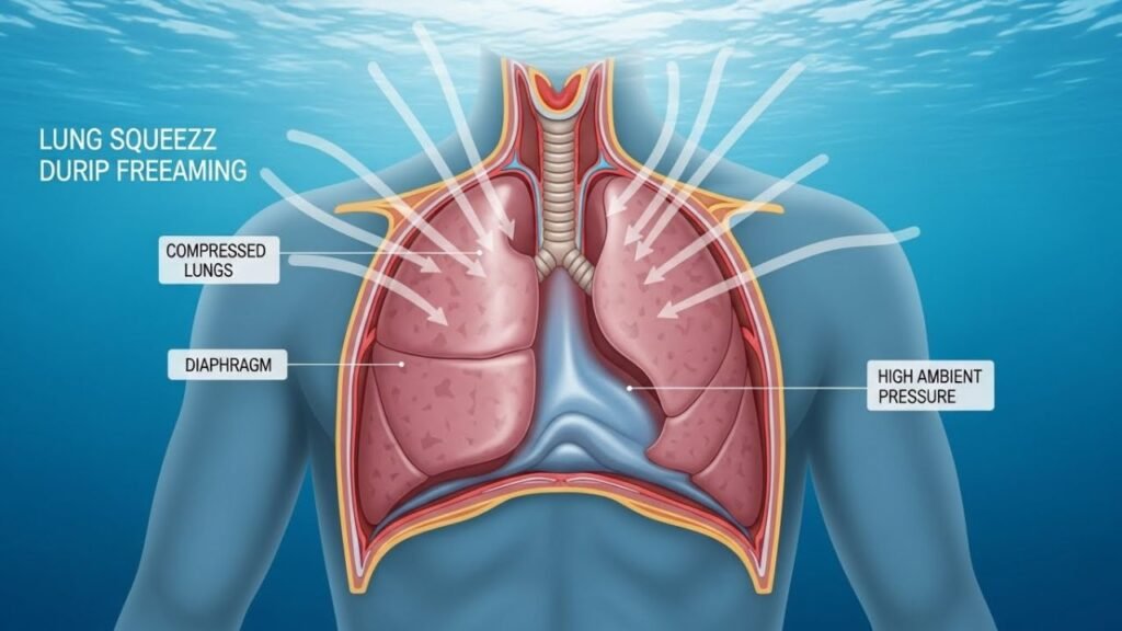 مخطط طبي يوضح انضغاط الرئة (Lung Squeeze) أثناء الغوص العميق