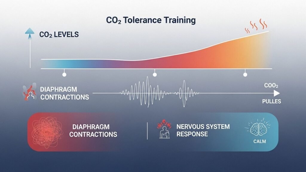 مخطط يوضح صعود ثاني أكسيد الكربون وتأثيره على الانقباضات أثناء كتم النفس