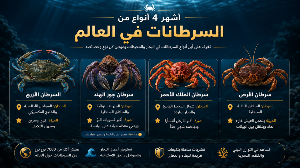 إنفوغرافيك يوضح أشهر 4 أنواع من السرطانات في العالم، مع مقارنة بين السرطان الأزرق وسرطان جوز الهند وسرطان الملك الأحمر وسرطان الأرض، وبيان موطن كل نوع وأبرز خصائصه ودوره في البيئة البحرية.