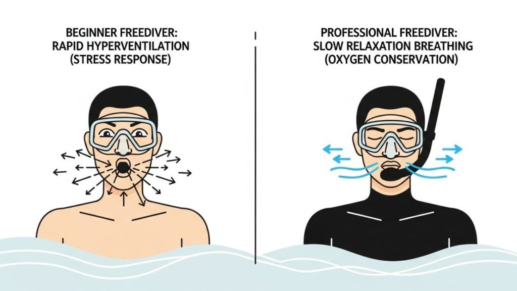 مقارنة بين متدرب يفرط في التنفس وغواص محترف يستخدم تنفس الاسترخاء
