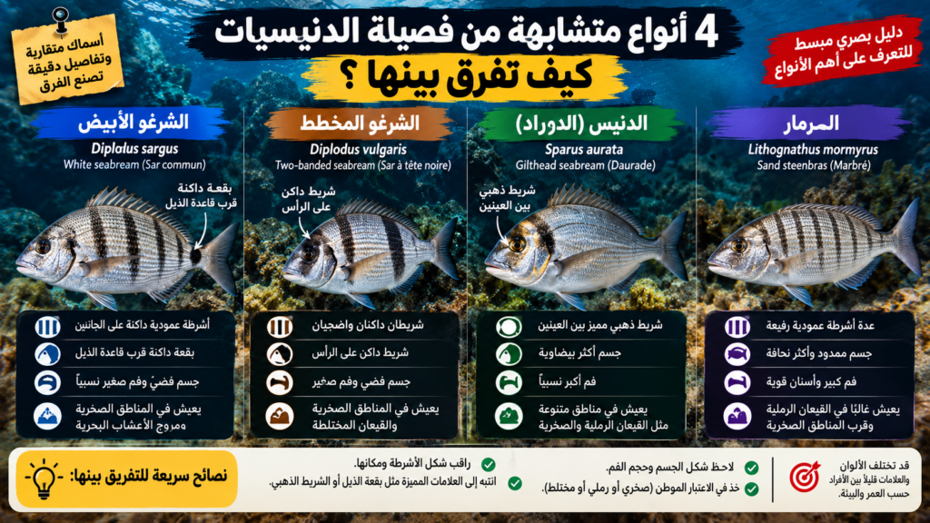 الفرق بين الشرغو الأبيض والشرغو المخطط والدنيس والمرمار بالصور