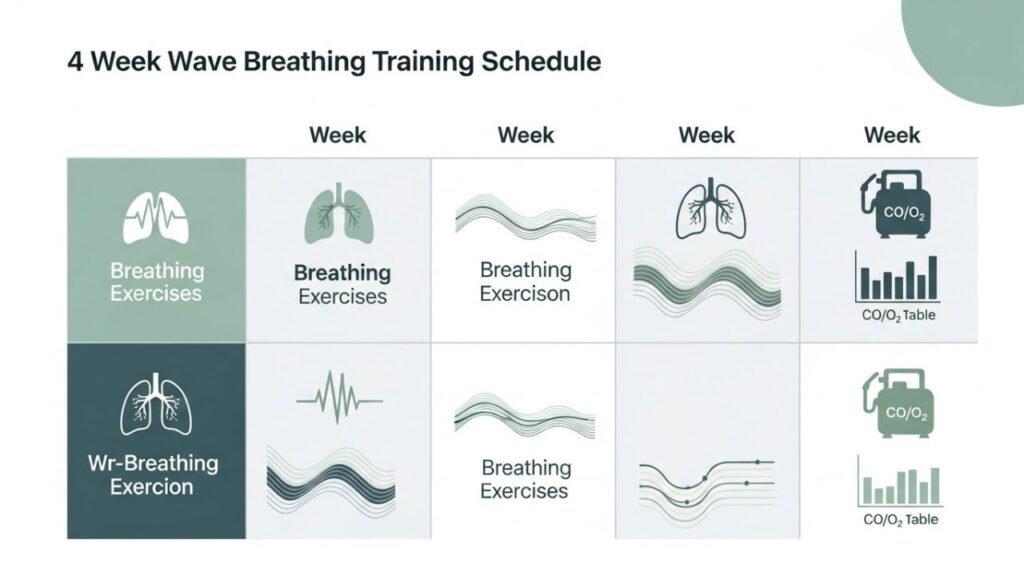 إنفوجرافيك بسيط يوضح البرنامج الأسبوعي التدريجي لتقنية التنفس الموجي