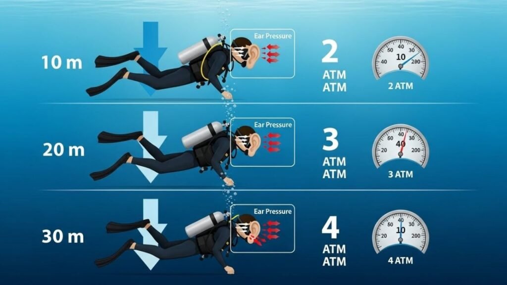 توضيح تأثير زيادة العمق والضغط تحت الماء على أذن الغواص