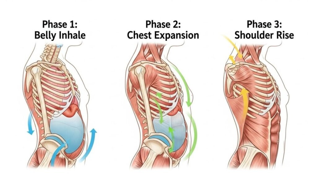 رسم تشريحي يوضح المراحل الثلاث للتنفس الموجي من البطن إلى الصدر فالكتفين