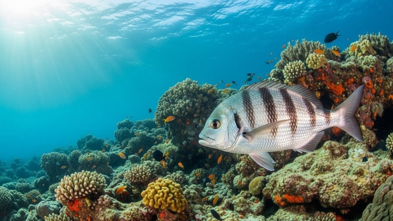 سمك الشرغو يسبح في بيئته الطبيعية قرب الصخور في البحر الأبيض المتوسط