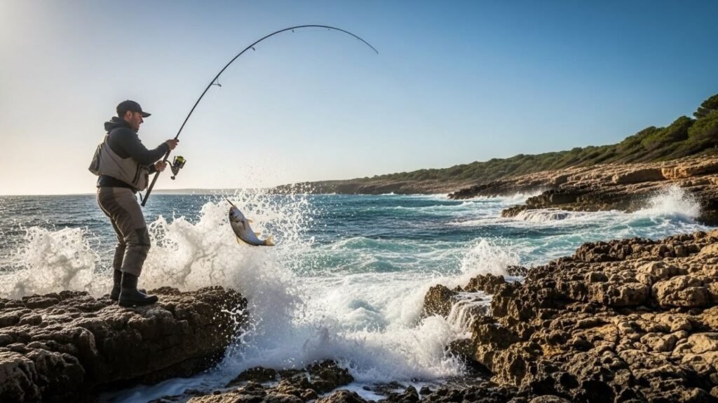 صيد سمك الشرغو من الشاطئ الصخري في البحر الأبيض المتوسط