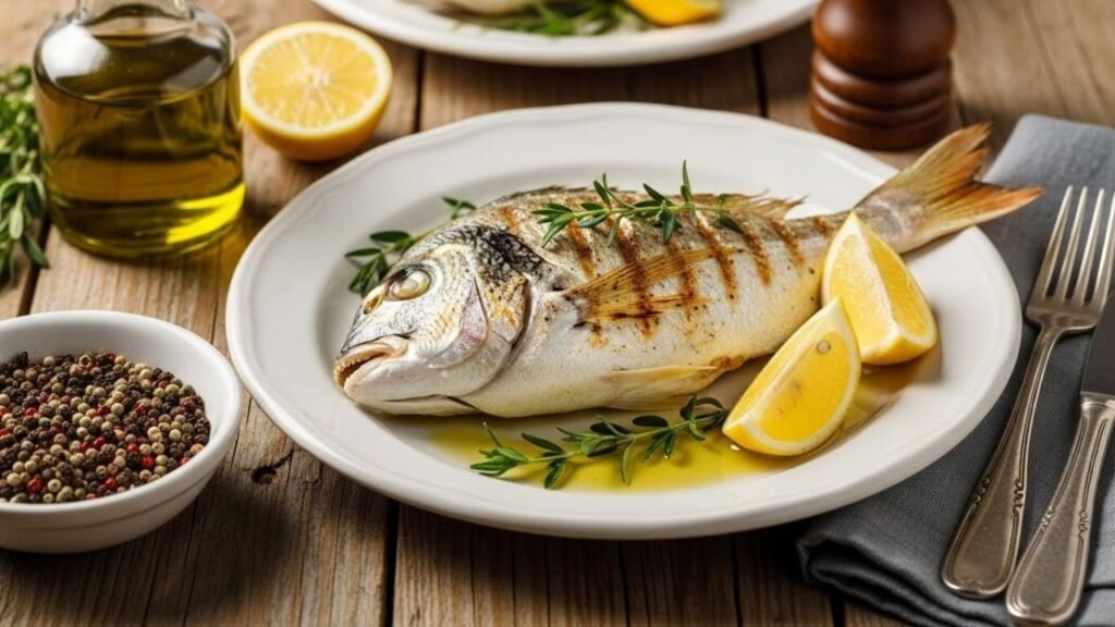 طبق شرغو مشوي بالطريقة المتوسطية مع الأعشاب والليمون