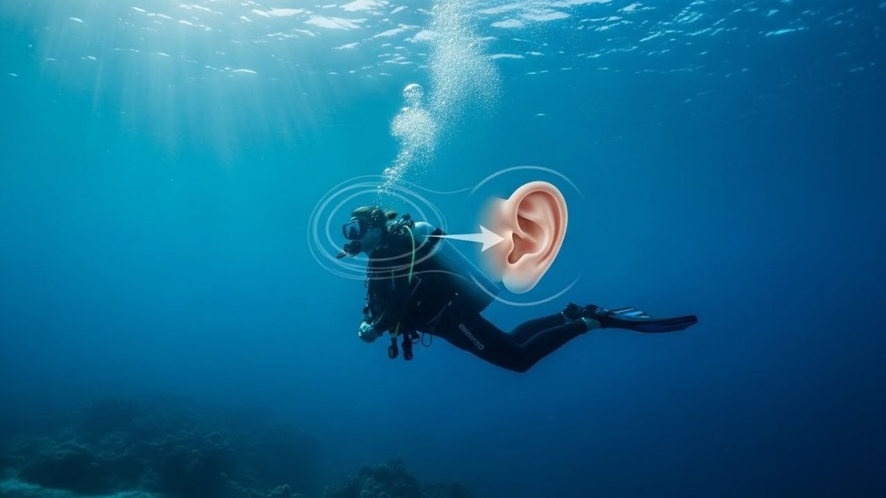 غواص تحت الماء مع إبراز الأذن وتأثير الضغط المائي على السمع