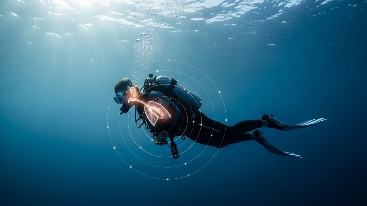 غواص تحت الماء يوضح تأثير الضغط على الأذن والرئتين أثناء الغوص