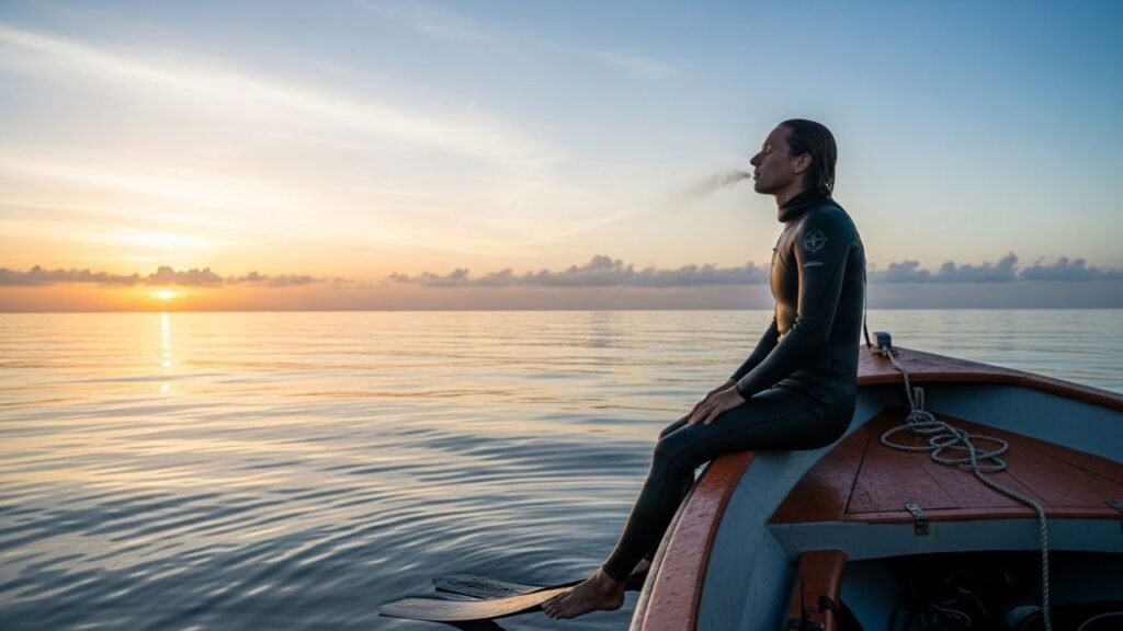 غواص حر يجلس على حافة القارب ويطبق التنفس الموجي قبل الغوص