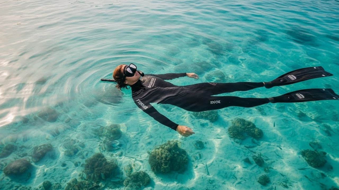 غواص حر يطفو بهدوء على سطح الماء أثناء ممارسة تقنية التنفس الموجي Wave Breathing