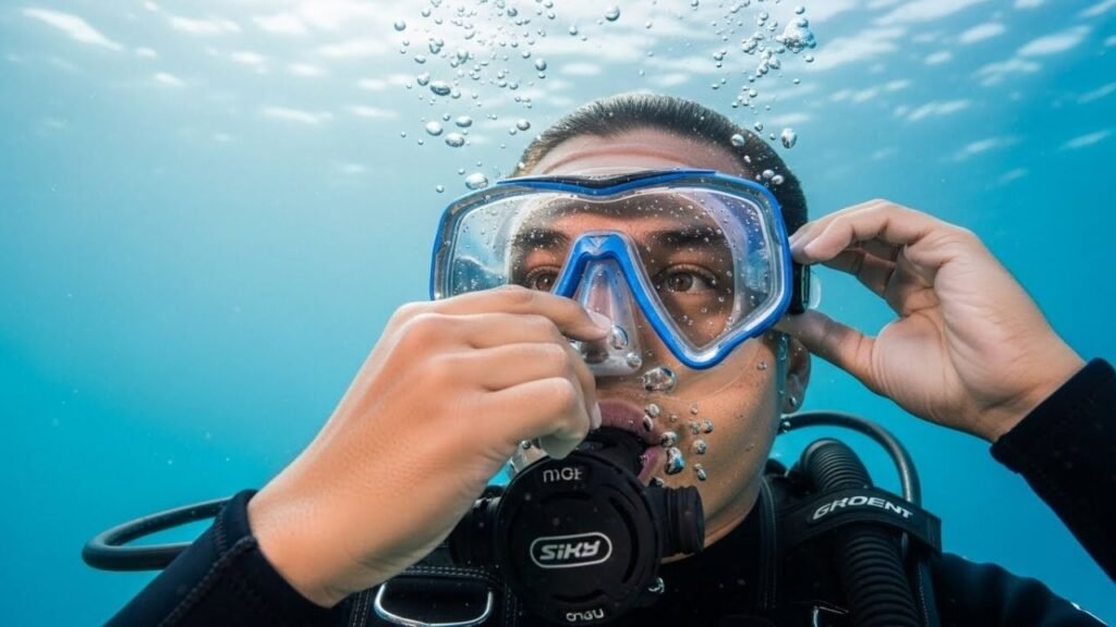 غواص يقوم بمعادلة الضغط لحماية الأذن أثناء النزول