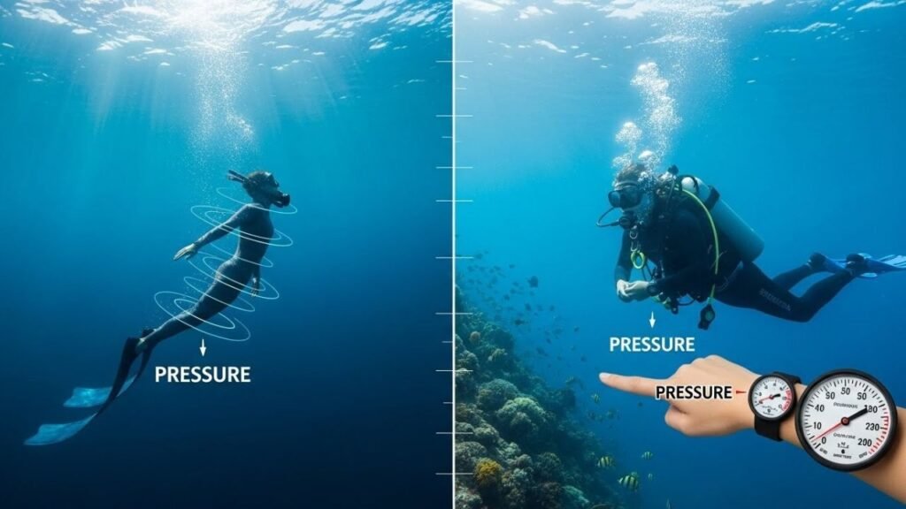 مقارنة بصرية بين الغوص الحر والغوص بالأسطوانات وتأثيرهما على الأذن