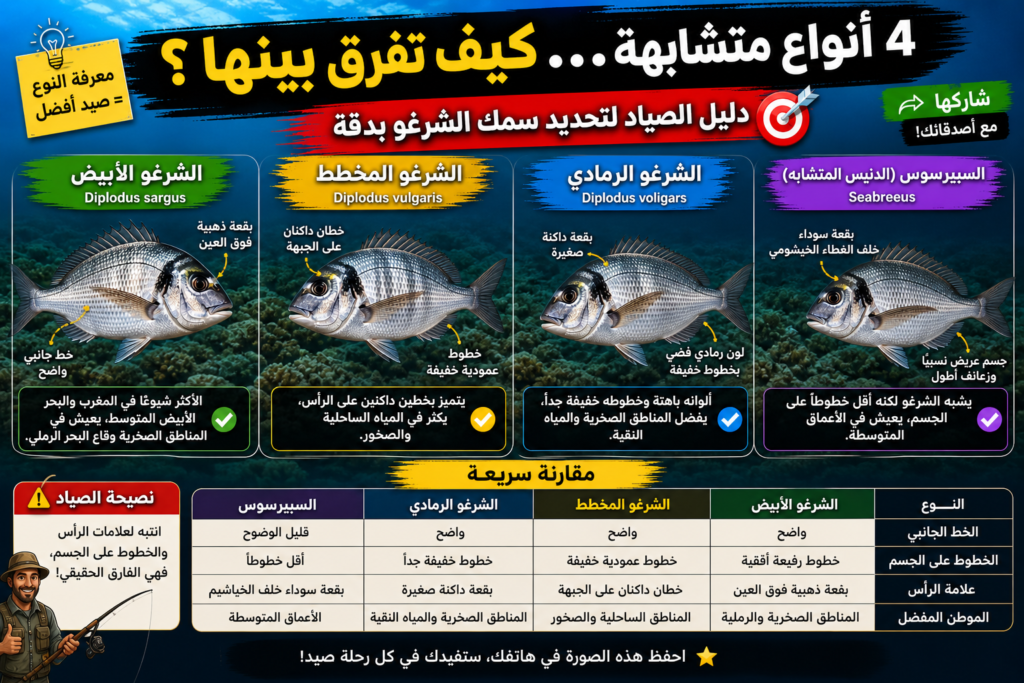 مقارنة بين أنواع سمك الشرغو (Diplodus sargus و Diplodus vulgaris) توضح الفروق في الشكل والخطوط والسلوك لمساعدة الصيادين على التمييز بينها بدقة