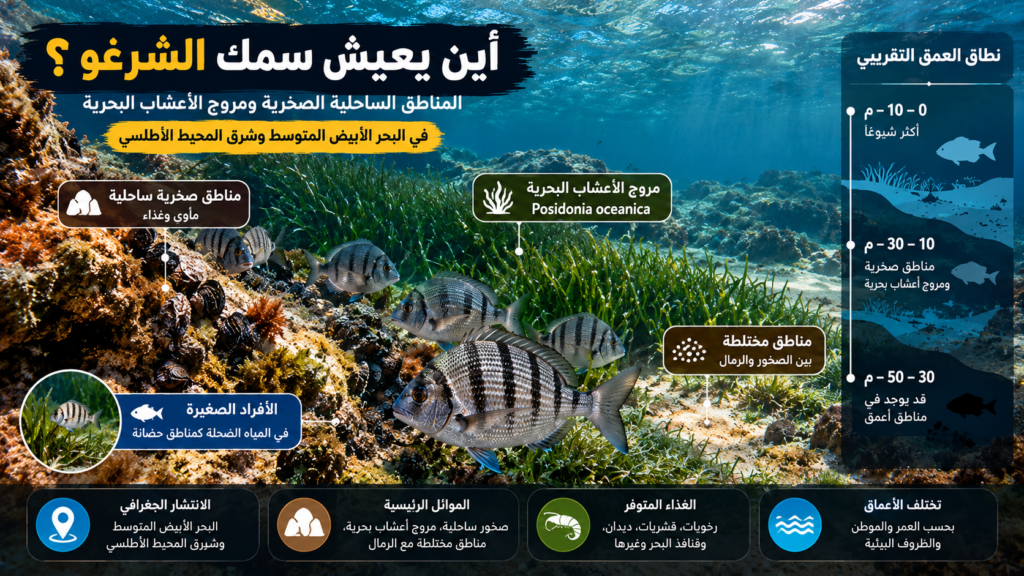 سمك الشرغو في موطنه بين الصخور ومروج الأعشاب البحرية في البحر المتوسط