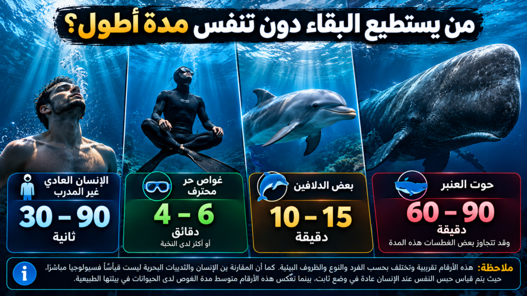 كم يستطيع الإنسان حبس أنفاسه؟ إنفوغرافيك يقارن مدة حبس النفس لدى الإنسان العادي (30–90 ثانية)، والغواص الحر المتقدم (4–6 دقائق أو أكثر)، والدلفين وحوت العنبر. 