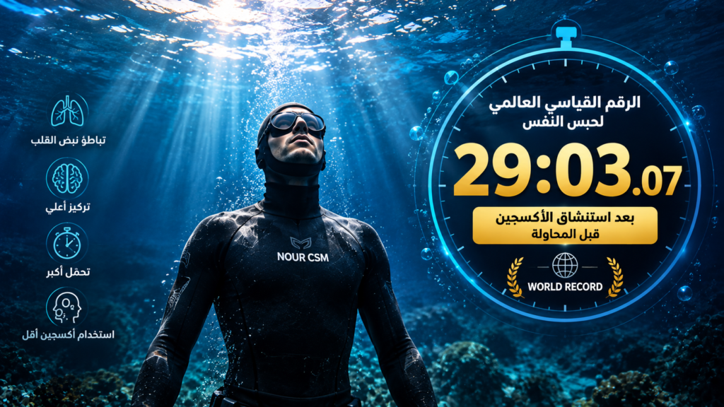 غواص حر يرتدي نظارات الغوص تحت الماء، بجانب عداد يعرض الرقم القياسي العالمي لحبس النفس 29 دقيقة و3.07 ثوانٍ، بعد استنشاق الأكسجين قبل المحاولة.