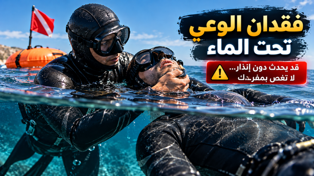 رفيق غوص ينقذ غواصًا فاقدًا للوعي عند سطح البحر ويدعم رأسه لإبقاء مجرى التنفس فوق الماء، مع عوامة سلامة وتحذير من مخاطر فقدان الوعي أثناء الغوص الحر.