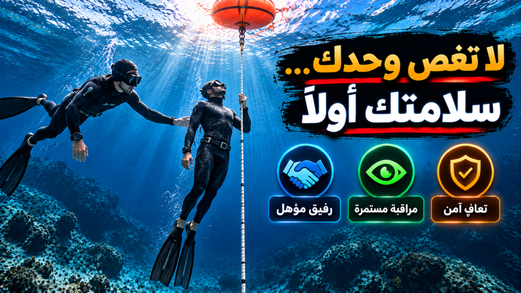 غواصان حران يتدربان تحت الماء بجانب حبل غوص متصل بعوامة سلامة، مع إبراز أهمية نظام رفيق الغوص Buddy System والمراقبة المستمرة والتعافي الآمن لتجنب مخاطر فقدان الوعي.