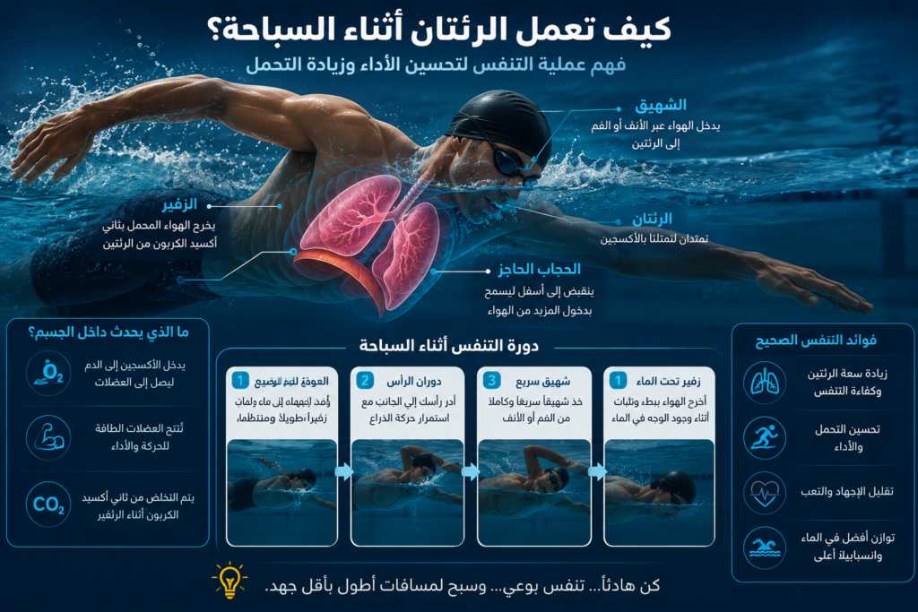 إنفوجرافيك تشريحي يوضح كيف تعمل الرئتان والحجاب الحاجز أثناء السباحة لتحسين التنفس والتحمل داخل الماء