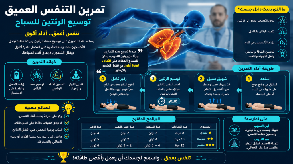 إنفوجرافيك يشرح تمارين التنفس العميق للسباحين وكيف تساعد على توسيع الرئتين وزيادة التحمل داخل الماء