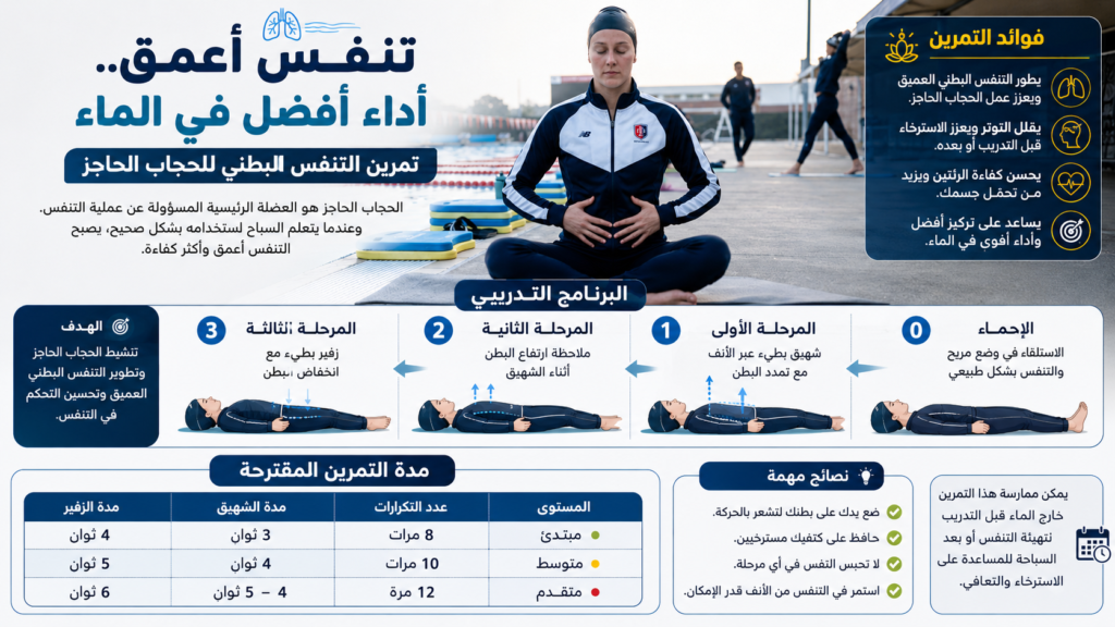 إنفوجرافيك يشرح تمرين التنفس البطني للحجاب الحاجز لتحسين التنفس والتحمل عند السباحين قبل التدريب وبعده