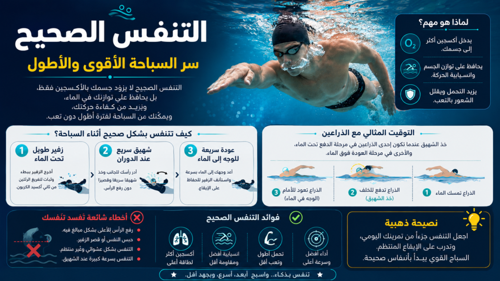إنفوجرافيك يشرح طريقة التنفس الصحيحة أثناء السباحة لتحسين التحمل وزيادة كفاءة الحركة داخل الماء