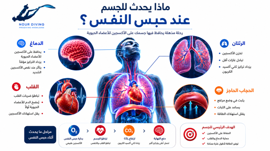 إنفوغرافيك تشريحي يوضح ما يحدث للجسم عند حبس النفس، بما في ذلك تأثير ذلك على الدماغ والرئتين والقلب والحجاب الحاجز أثناء الغوص الحر.