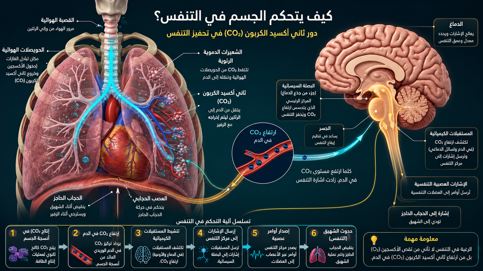 إنفوغرافيك طبي يشرح كيف يتحكم ثاني أكسيد الكربون (CO₂) في عملية التنفس، مع توضيح مسار الإشارات بين الرئتين والدماغ والمستقبلات الكيميائية ودورها في تحفيز الرغبة في الشهيق أثناء حبس النفس.