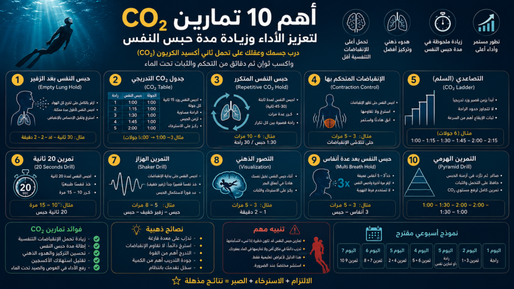 إنفوغرافيك عربي شامل يوضح أهم 10 تمارين CO₂ لزيادة مدة حبس النفس وتحسين الأداء في الغوص الحر، مع شرح الجداول التدريبية، تمارين التحكم في الانقباضات، نصائح السلامة، والفوائد التي تساعد على رفع تحمل ثاني أكسيد الكربون تحت الماء.