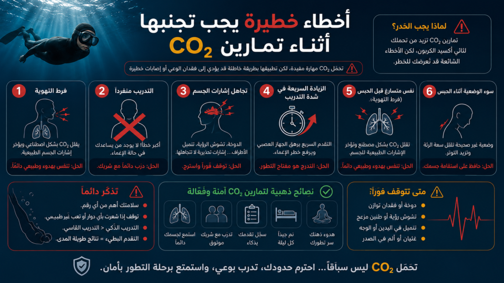 إنفوغرافيك عربي يوضح أخطر الأخطاء التي يجب تجنبها أثناء تمارين CO₂ لزيادة حبس النفس، مع التركيز على فرط التهوية، التدريب منفردًا، تجاهل إشارات الجسم، التدرج الخاطئ في التدريب، ونصائح السلامة الأساسية للغواصين الأحرار.