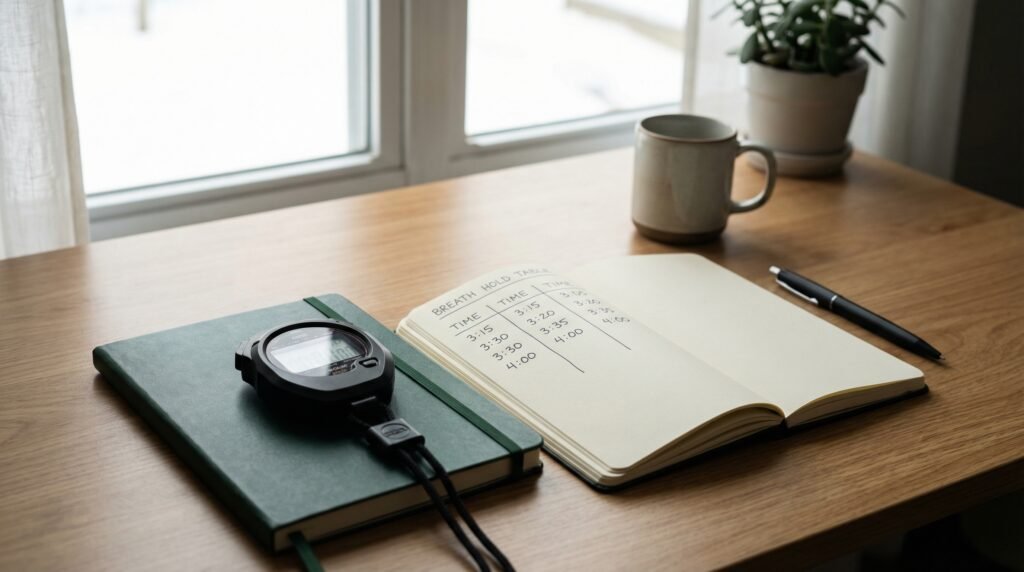 جدول تدريب حبس النفس مع ساعة توقيت على مكتب بسيط