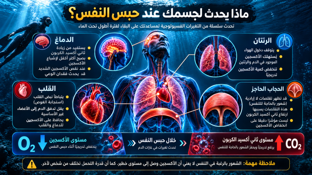 إنفوغرافيك يوضح ماذا يحدث للجسم عند حبس النفس، وتأثير انخفاض الأكسجين O₂ وارتفاع ثاني أكسيد الكربون CO₂ على الدماغ والقلب والرئتين والحجاب الحاجز أثناء الغوص الحر.
