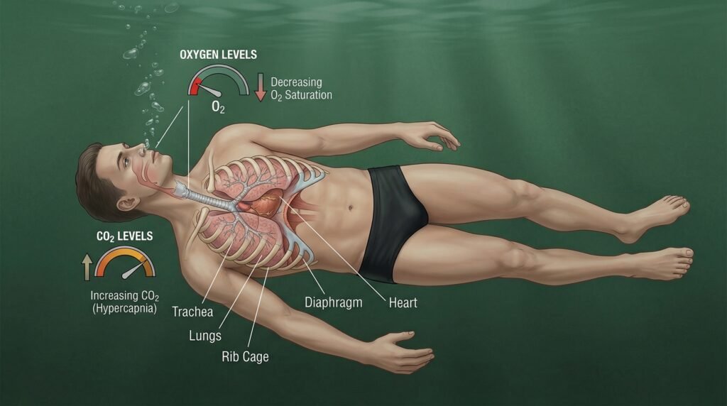 رسم تشريحي يوضح تأثير حبس النفس على الأكسجين وثاني أكسيد الكربون في الجسم
