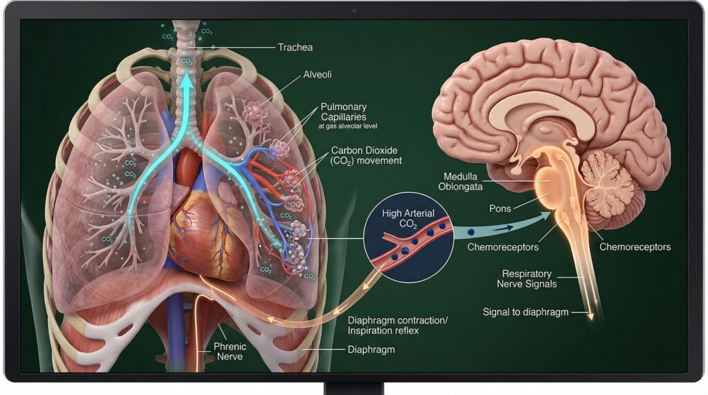 رسم طبي يوضح تأثير ثاني أكسيد الكربون على التنفس