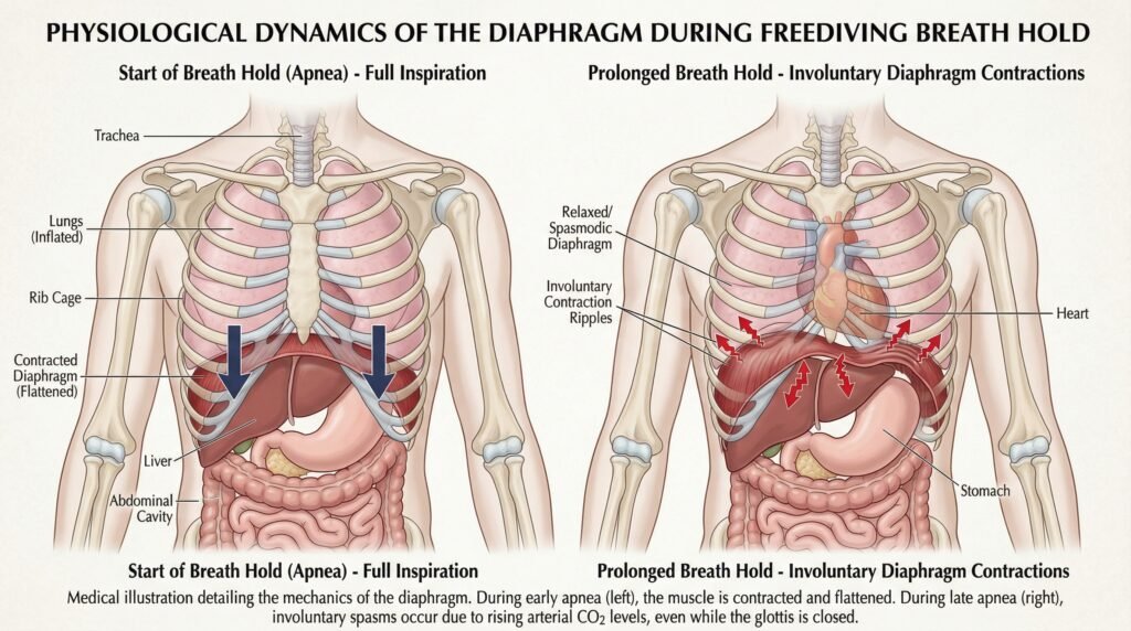 رسم علمي يوضح تقلصات الحجاب الحاجز أثناء حبس النفس