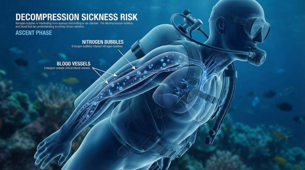 رسم علمي يوضح تكوّن فقاعات النيتروجين داخل الأوعية الدموية أثناء الصعود من الغوص