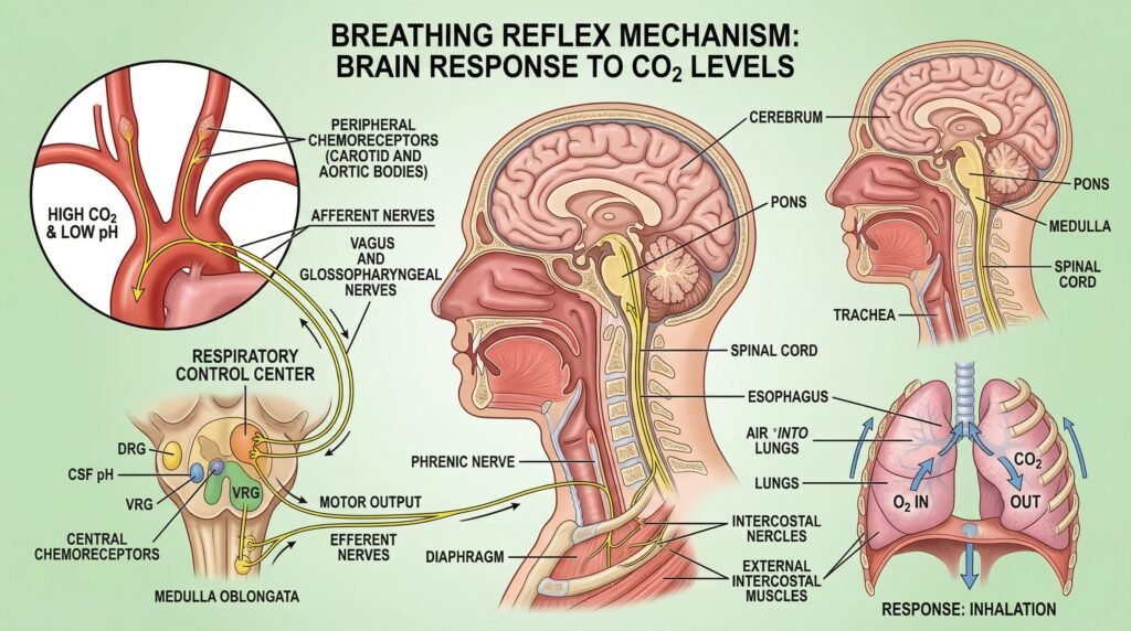 رسم علمي يوضح كيف يتحكم ثاني أكسيد الكربون في الرغبة بالتنفس