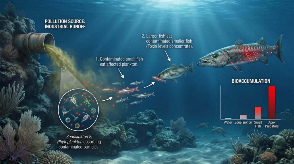 رسم يوضح انتقال الزئبق عبر السلسلة الغذائية البحرية