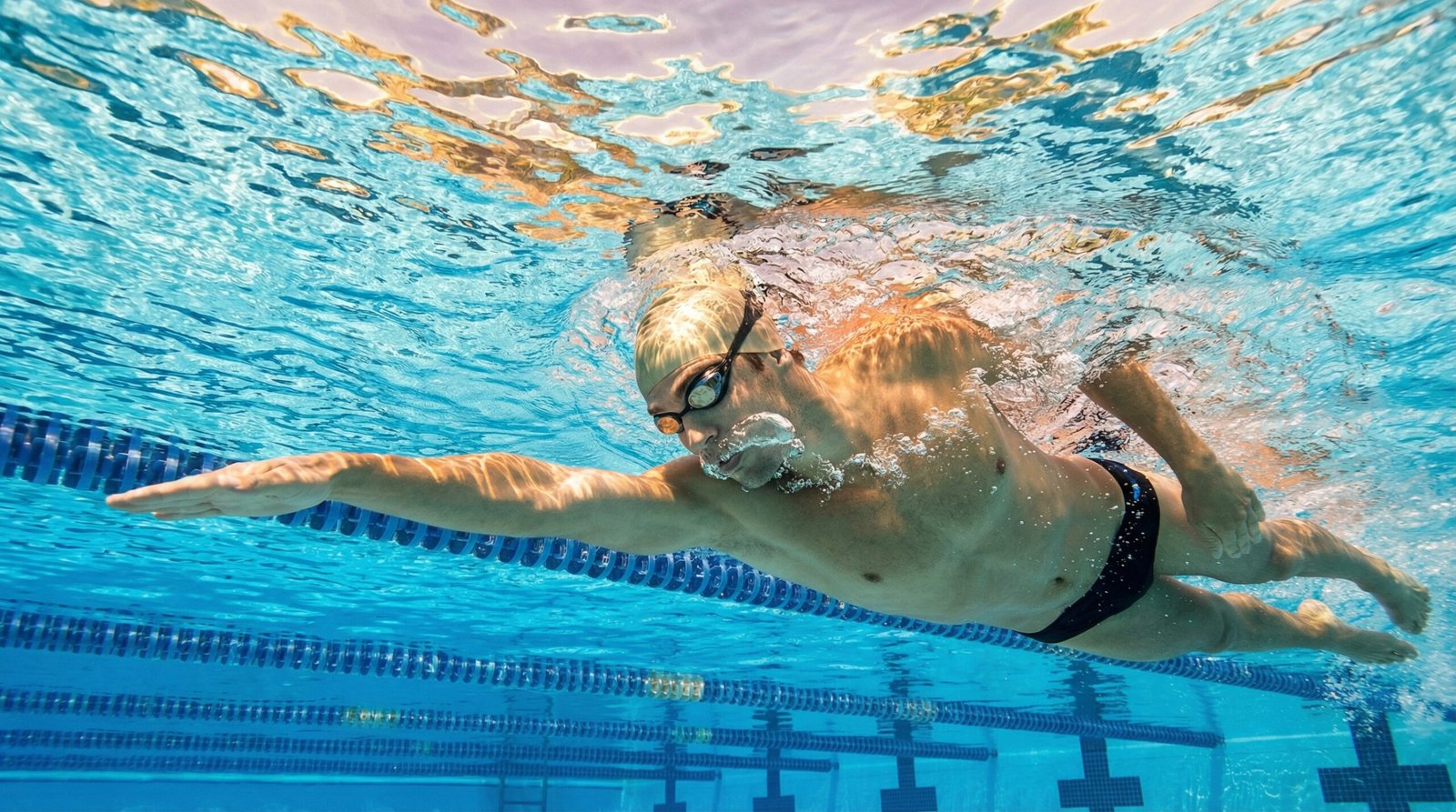 سباح محترف يتنفس أثناء السباحة الحرة مع خروج فقاعات الهواء تحت الماء