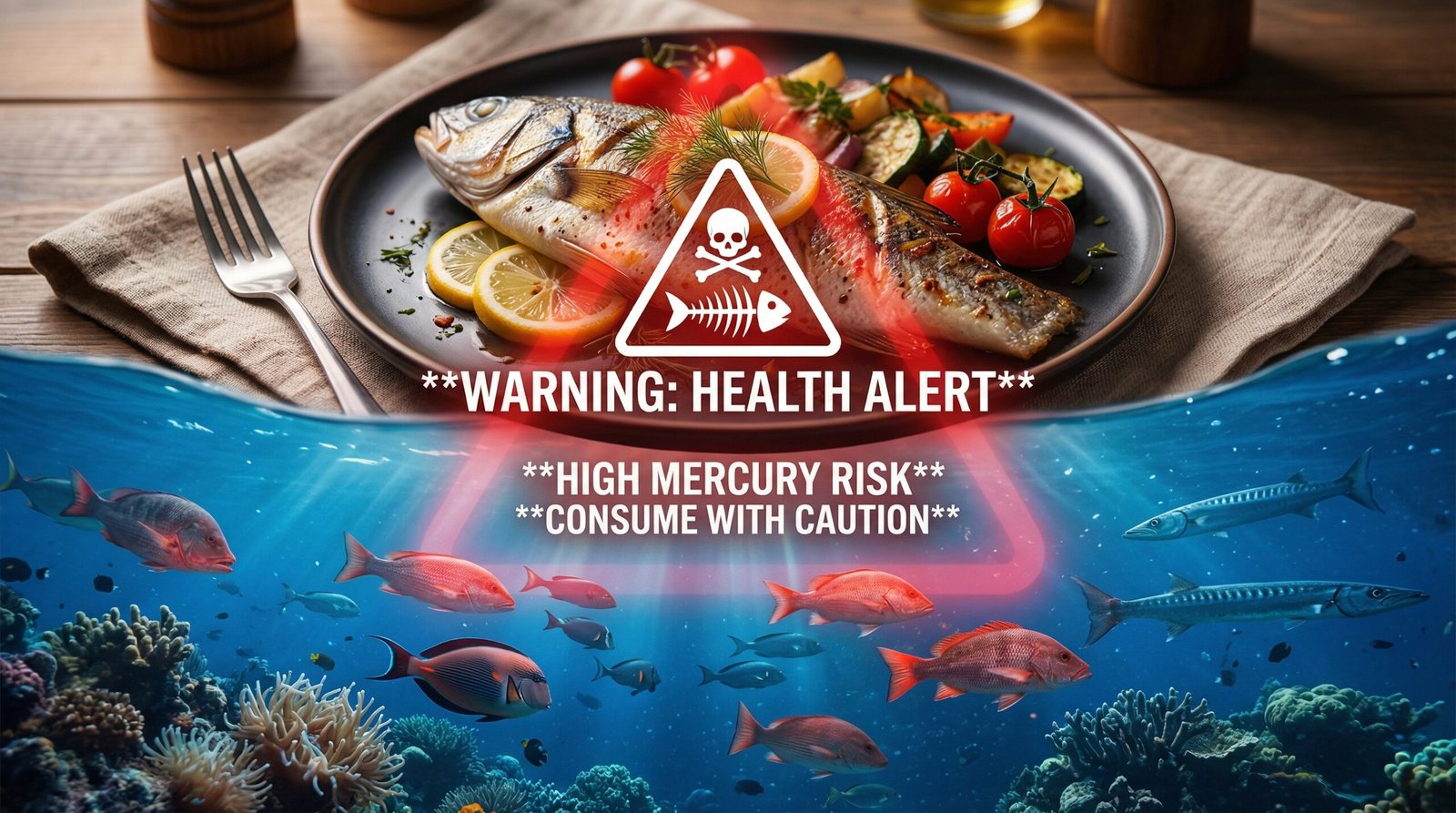 صورة تمثل السمك مع تحذير من الزئبق في السمك