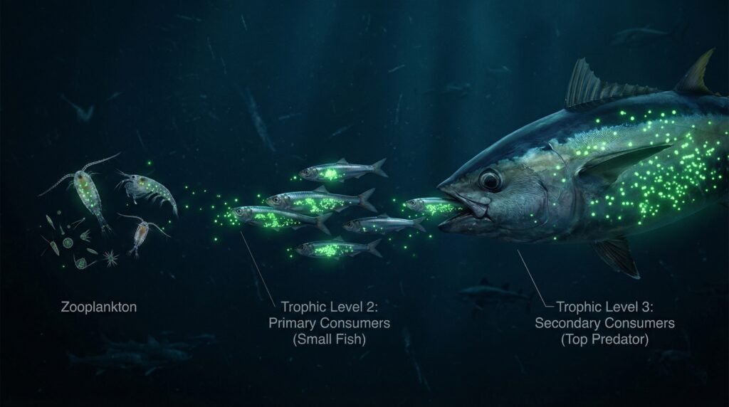 صورة توضح التراكم الحيوي للزئبق في الأسماك الكبيرة
