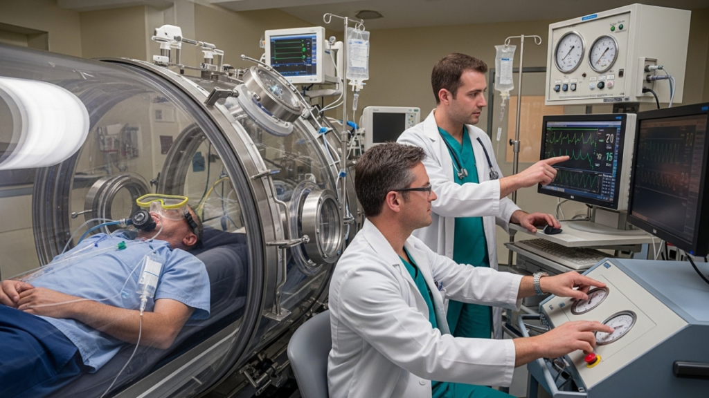 "علاج غواص مصاب بمرض تخفيف الضغط داخل غرفة الضغط العالي"